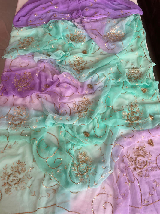 Mint & Lilac Pastel Pure Chiffon Saree