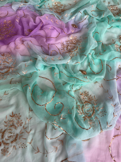 Mint & Lilac Pastel Pure Chiffon Saree