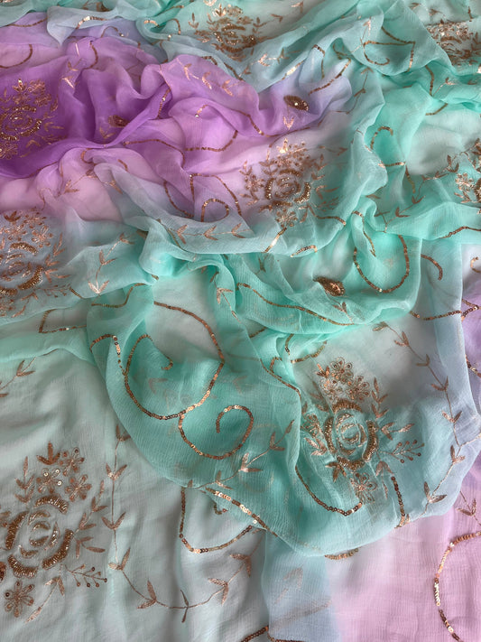 Mint & Lilac Pastel Pure Chiffon Saree