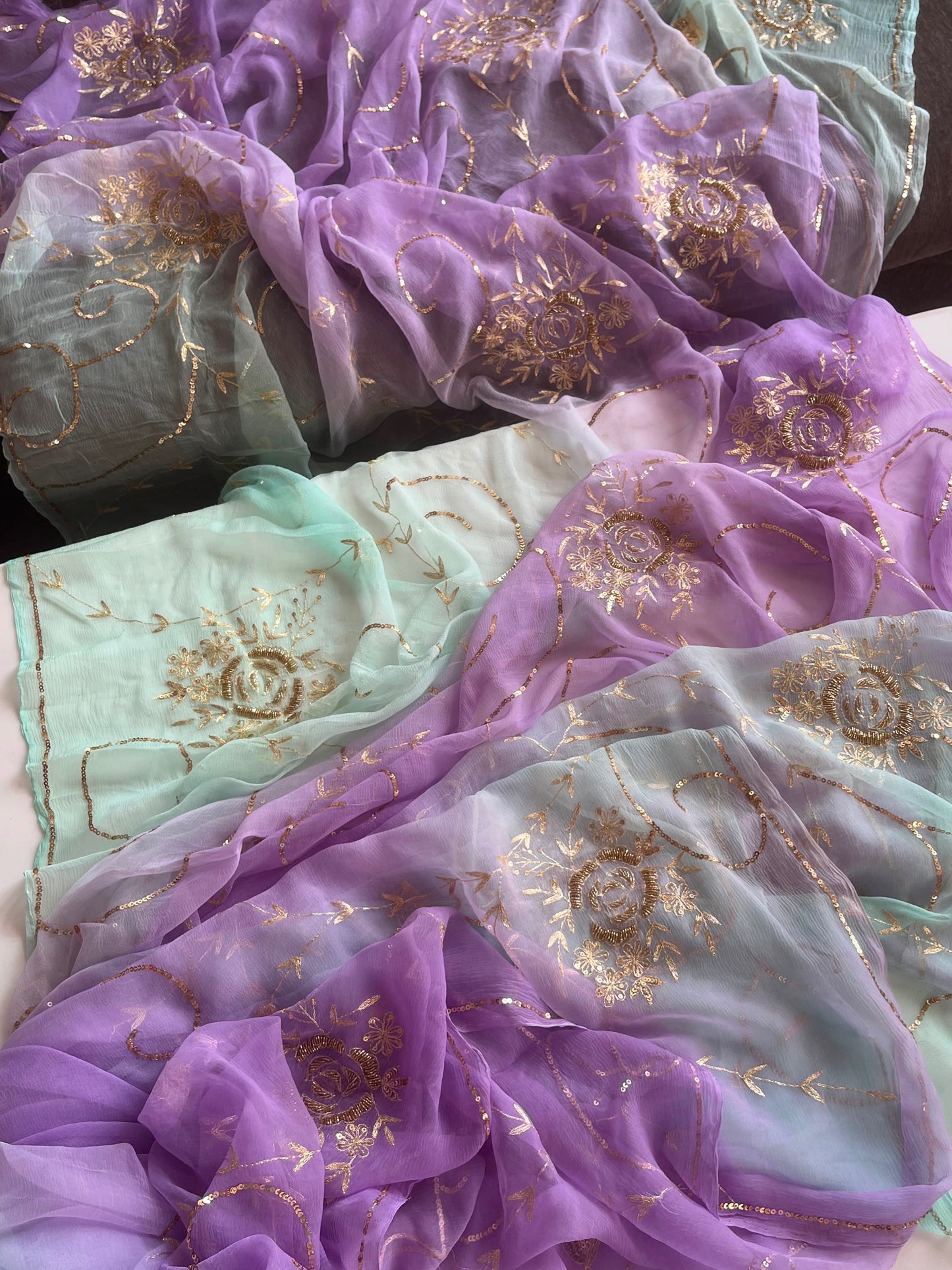 Mint & Lilac Pastel Pure Chiffon Saree