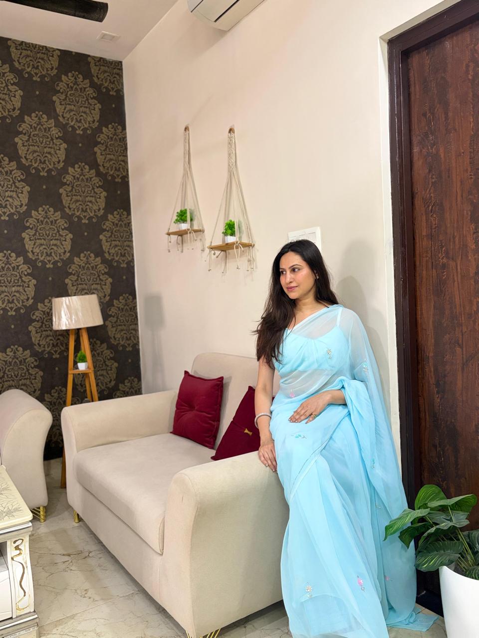 Rajkunwari Sheeshmahal Neel Saree Worn by Mrs Aarti Jain (Gurugram)