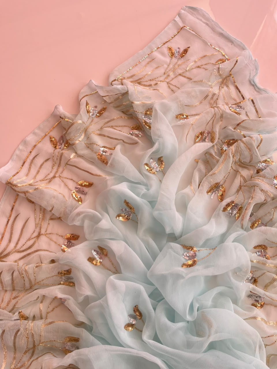 Aabha | Powder Blue Pure Chiffon Hand Embroidered Saree