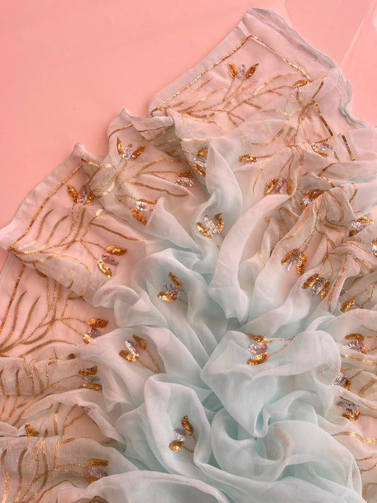 Aabha | Powder Blue Pure Chiffon Hand Embroidered Saree