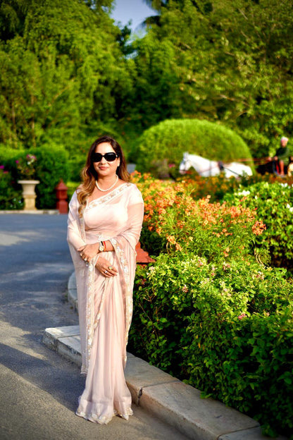 Rajnandini – Pure Chiffon Nude Saree Worn by Miss Amushree Malik