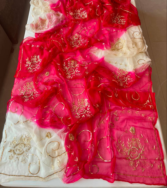 Gulnaar – Pink & Ivory Ombre Pure Chiffon Saree